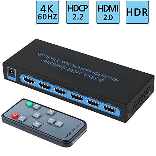 Product Cover 4K@60Hz HDMI Switch 5x1,FiveHome 5 Port HDMI Switcher with IR Wireless Remote Support Auto Switch, HDCP 2.2,HDR,Full HD/3D