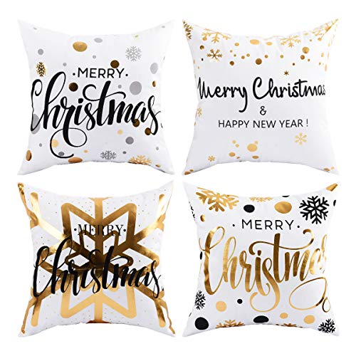 Product Cover Pack of 4 Merry Christmas Pillow Cover Snowflakes and Happy New Year Decorative Pillow Cases Polyester Peach Cushion Case for Christmas Gift Bed Sofa Couch Decoration