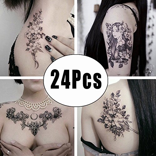 Product Cover DaLin Sexy Floral Temporary Tattoos for Men Women Black Flowers 24Pcs Collection - Individual Styles Available