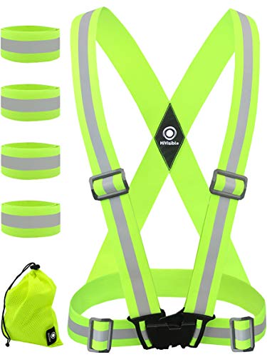 Product Cover Reflective Vest with Reflective Bands - Reflective Running Gear for Men and Women for Night Running, Biking, Walking. Reflective Running Vest, Safety Straps, Reflector Strips (Green Vest + 4 Bands)