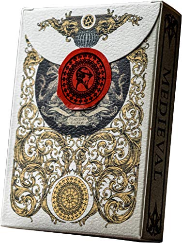 Product Cover Medieval Gold Playing Cards with Unique Seal, Stand Out with Hand Illustrated Deck of Cards, Cool Poker Cards, Black Playing Cards, Unique Illustrated Designs for Kids & Adults, Playing Card Decks