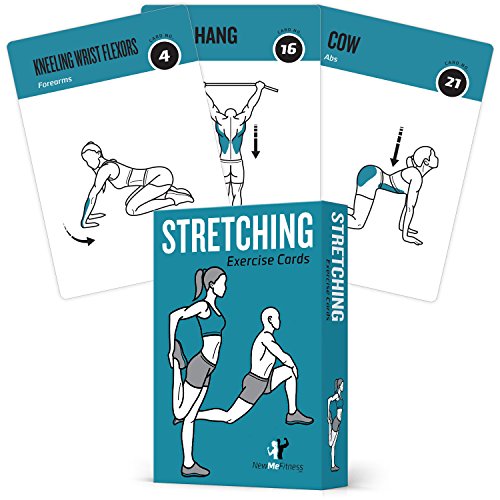 Product Cover NewMe Fitness Stretching Flexibility Exercise Cards - 50 Stretching Exercises - Increase Flexibility - Prevent Muscle Strains, Promote Circulation + Speed up Recovery Time - Large, Durable Cards