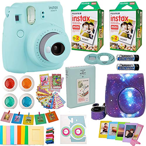Product Cover Fujifilm Instax Mini 9 Camera + Fuji Instant Instax Film (40 Sheets) Includes Galaxy Camera Case + Assorted Frames + Photo Album + 4 Color Filters and More Top Accessories Bundle (Star Ice Blue)