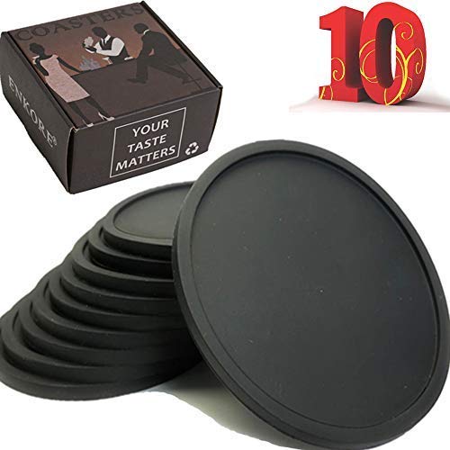 Product Cover Drink Coasters Set of 10, Super Value Pack in Gift Box Holder, Spill Protection For Table of Wood, Granite or Marble Stone Surface, Durable and Non Slip Silicone Coaster Fit Common Size Drinking Glass