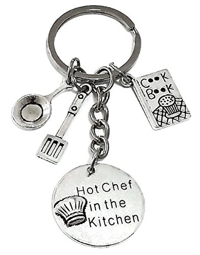 Product Cover Chef Keychain, Chef Key Ring, Chef Charm Keychain, Cook Book Keychain, Spatula Keychain Gift for Chef, Frying pan Keychain