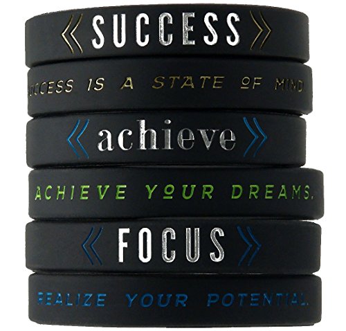 Product Cover Inkstone 6-Pack - Success, Achieve, Focus - Motivational Silicone Wristbands with Inspirational Messages - Adult Unisex Size for Men Women Teens