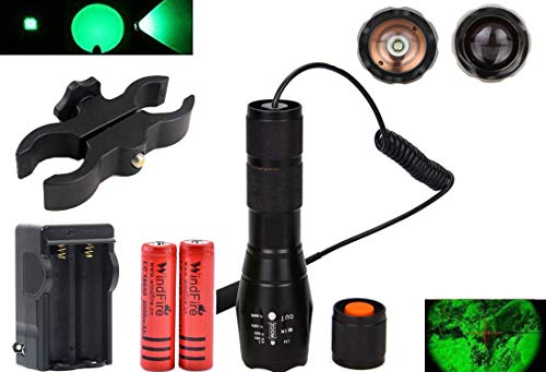 Product Cover WINDFIRE Green LED Light 300 Yards Tactical Flashlight Zoomable Spot Flood Light Torch Coyote Hog Fox Predator Varmint Hunting Lamp Kits with Pressure Switch, Scope Mount, 18650 Battery and Charger