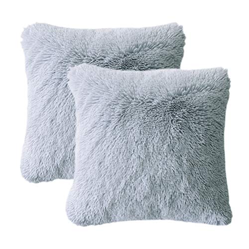 Product Cover LIFEREVO 2 Pack Shaggy Plush Faux Fur Decorative Throw Pillow Cover Velvety Soft Cushion Case 18 x 18 Inch, Gray