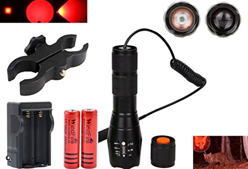 Product Cover WINDFIRE Tactical Red LED Light Flashlight 300 Yards Zoom Focus Adjustable Torch Coyote Hog Fox Predator Varmint Hunting Lamp Sets with Pressure Switch, Scope Mount, 18650 Battery and Charger