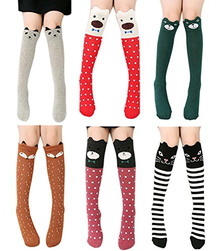 Product Cover 6 Pack Girls Socks, Cotton Over Calf Knee High Socks (Cartoon Animal Panda Cat Bear Fox)