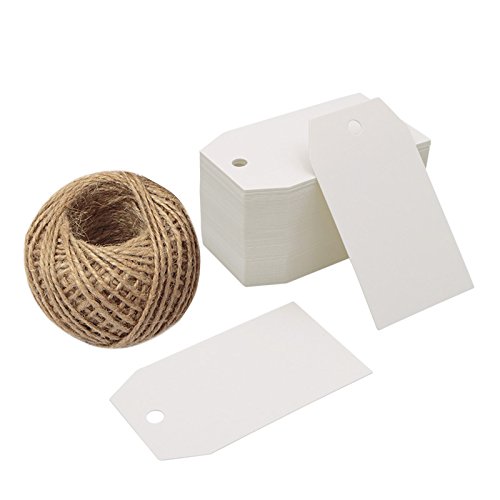 Product Cover Gift Tags,100 Pcs White Paper Blank Gift Tags for Wedding Favors,Craft Tags with 100 Feet Natural Jute Twine