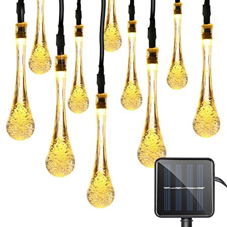 Product Cover Quace Solar String Lights 6m/20ft 30 LED Water-Resistant Lights Festival Decoration Crystal Water Drop String Lights for Indoor Outdoor Bedroom Patio Lawn Garden Party Decorations - Warm White