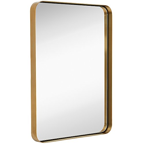 Product Cover Hamilton Hills Contemporary Brushed Metal Wall Mirror | Glass Panel Gold Framed Rounded Corner Deep Set Design | Mirrored Rectangle Hangs Horizontal or Vertical (22