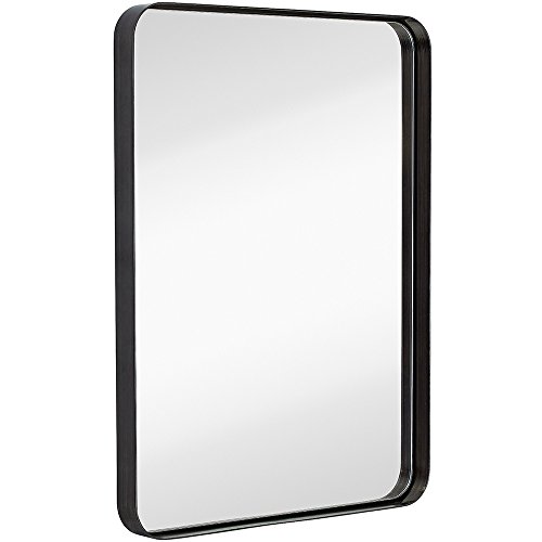 Product Cover Hamilton Hills Contemporary Brushed Metal Wall Mirror | Glass Panel Black Framed Rounded Corner Deep Set Design | Mirrored Rectangle Hangs Horizontal or Vertical (22