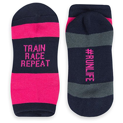 Product Cover Inspirational Athletic Running Socks | Women's Woven Low Cut | Train Race Repeat | Pink/Navy