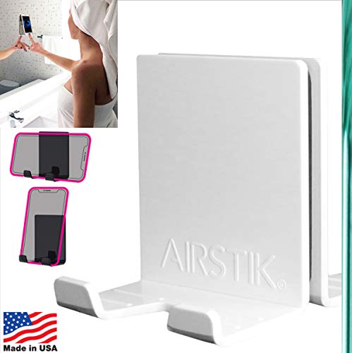 Product Cover AIRSTIK Cradle for Any Phone Tablet Pad Holder Selfie Caddy Mount Shelf Bathroom Shower Glass Mirror Window Wall Universal Reusable Waterproof Compatible with Any iPhone or iPad Made in USA (White)