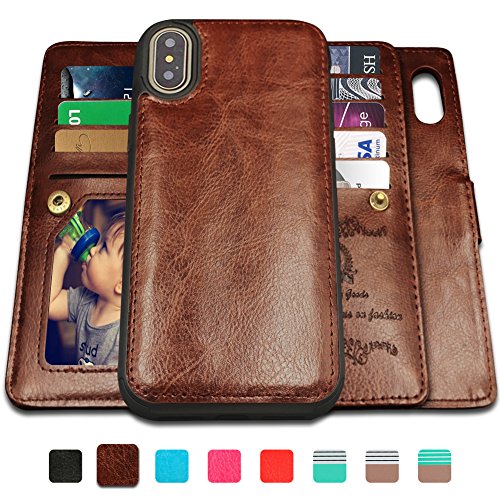 Product Cover iPhone X Case,iPhone Xs Case Wallet with Magnetic Detachable Case,9 Card Slots,Wrist Strap, CASEOWL 2 in 1 Folio Flip Premium PU Leather Wallet Case for iPhone X/XS/10/10s 5.8 inch (Brown)