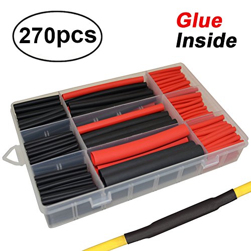 Product Cover 270pcs 3:1 Dual Wall Adhesive Heat Shrink Tubing Kit, 5 Sizes (Diameter): 3/8, 1/4, 3/16, 1/8, 3/32 inch, Marine Wire Cable Sleeve Tube Assortment with Storage Case for DIY by MILAPEAK (Black & Red)