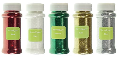 Product Cover KittyKraft 5 Piece Extra Fine Glitter Set (Holiday Collection)- Includes Red, White, Green, Gold, and Silver Glitter - Perfect for Christmas and Holiday Crafts