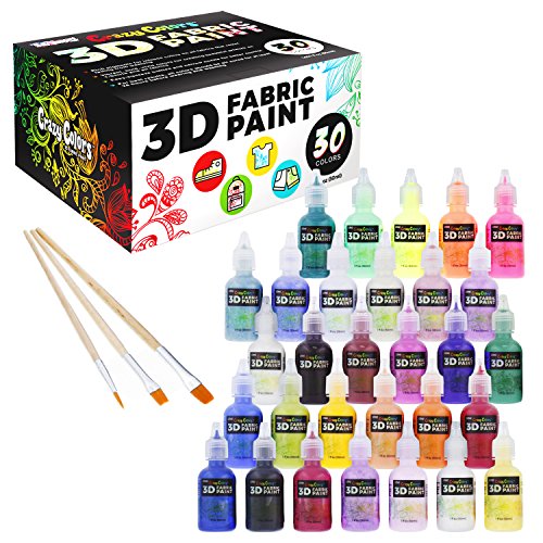 Product Cover Crazy Colors 30 Color 3D Fabric Paint Set Kit - Shiny Vibrant Puffy Colors in Marker Pen Style Bottles - Create Permanent Art on Fabric, Textiles, T-Shirts, Canvas, Wood & Most Porous Surfaces.