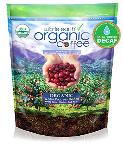 Product Cover 2LB Subtle Earth Organic Swiss Water Process Decaf - Medium-Dark Roast - Whole Bean Coffee - USDA Organic Certified Arabica Coffee by CCOF - 2 Pound Bag