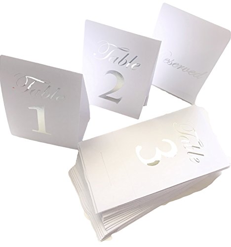 Product Cover His and hers White & Silver Foiled Table Number Cards 1-20 plus 4 Reserved cards, Tent, Standup, Reception, Party, Dinner, Banquet, Wedding, Anniversary, Holiday, Formal Dinner, Placement Cards,