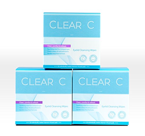 Product Cover Clear C Premium No Rinse Non Irritating Eyelid Wipes 30count x 3 - Pre-moistened Pads for Dry Eyes, Red Eyes, Daily Use. 3 Boxes of 30 Individually Wrapped Wipes, Bulk Discount Combo