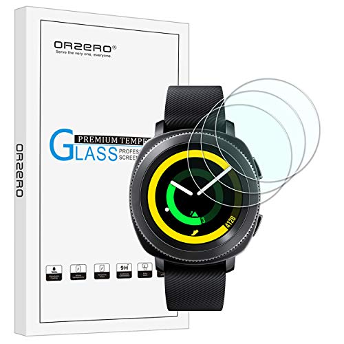 Product Cover Orzero (3 Pack) for Samsung Gear Sport, Gear S2 Smart Watch (Upgraded Version) Tempered Glass Screen Protector, 2.5D Arc Edges 9 Hardness HD Anti-Scratch (Lifetime Replacement)