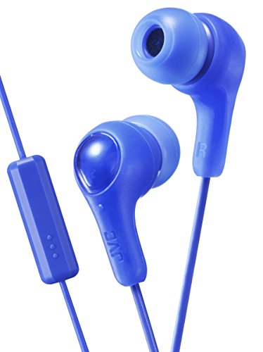 Product Cover BLUE GUMY In ear earbuds with stay fit ear tips and MIC.  Wired 3.3ft colored cord cable with headphone jack.  Small, medium, and large ear tip earpieces included.  JVC GUMY HAFX7MA