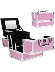 Product Cover Mini Makeup Train Case with Mirror Portable Aluminum Cosmetic Organizer Box 2 Trays Pink