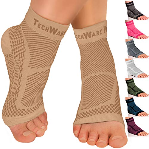 Product Cover TechWare Pro Ankle Brace Compression Sleeve - Relieves Achilles Tendonitis, Joint Pain. Plantar Fasciitis Foot Sock with Arch Support Reduces Swelling & Heel Spur Pain. (Beige, S/M)