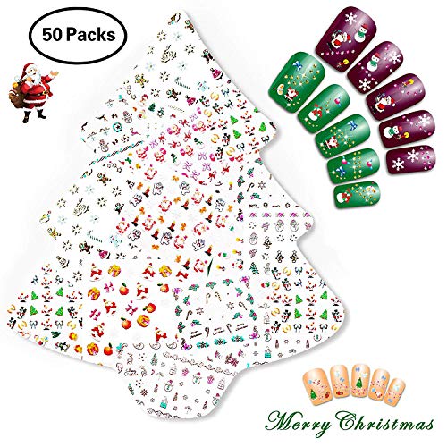 Product Cover NiceDeco 50 Sheets (More Than 1500Pcs) Christmas & New Year Theme 3D Nail Stickers Santa Claus Reindeer Xmas Tree Nail Art Tattoo Nail Decals DIY Nail Art Decoration Self-adhesive Tip Stickers