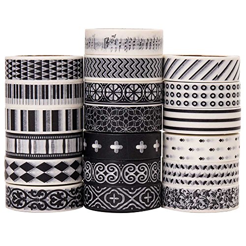 Product Cover Savena Washi Tape Set for DIY Gift Wrapping Scrapbooking and Craft, Sticky Adhesive Paper Masking Tape with Lovely Printed Patterns and Long-Lasting Colors (19 Rolls, Monochrome, 0.6in x 32.8ft)