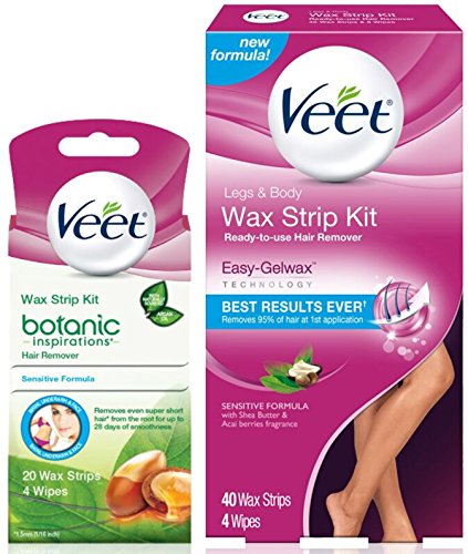Product Cover Hair Removal Kit, Veet Leg & Body Wax Strip Kit (40 Ct.) & Veet Botanic Inspirations Sensitive Formula Wax Strip Kit 20 Wax Strips and 4 Wipes- for Bikini, Underarm, Face & Body