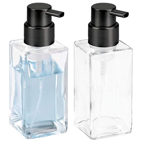 Product Cover mDesign Modern Square Glass Refillable Foaming Hand Soap Dispenser Pump Bottle for Bathroom Vanities or Kitchen Sink, Countertops - 2 Pack - Clear/Brushed Black Nickel