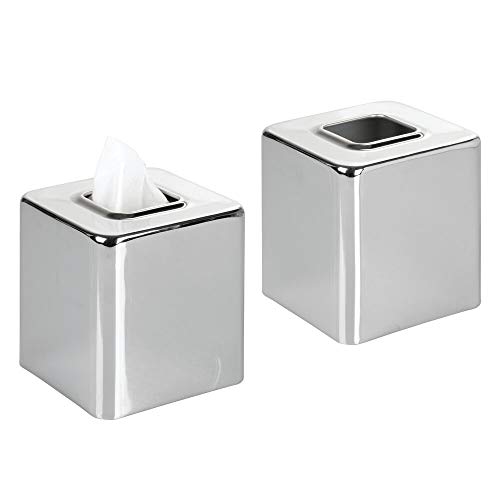 Product Cover mDesign Modern Square Metal Paper Facial Tissue Box Cover Holder for Bathroom Vanity Countertops, Bedroom Dressers, Night Stands, Desks and Tables - 2 Pack - Chrome