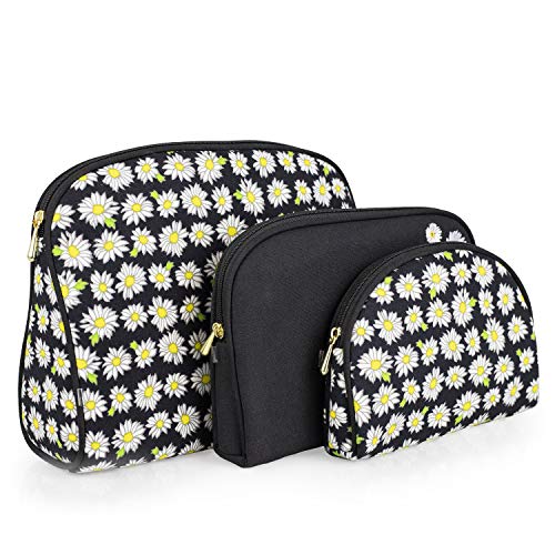 Product Cover Once Upon A Rose 3 Piece Cosmetic Bag Set, Purse Size Makeup Bag for Women, Toiletry Travel Bag, Makeup Organizer, Cosmetic Bag for Girls Zippered Pouch Set, Large, Medium, Small (Daisy Black)