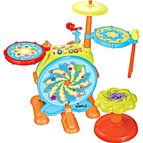 Product Cover Dimple Electric Big Toy Drum Set for Kids with Movable Working Microphone to Sing and a Chair - Tons of Various Functions and Activity, Bass Drum and Pedal with Drum Sticks (Adjustable Volume)