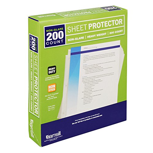 Product Cover Samsill 200 Non-Glare Heavyweight Sheet Protectors, Reinforced 3 Hole Design Plastic Page Protectors, Archival Safe, Top Load for 8.5 x 11 Inch Sheets, Box of 200