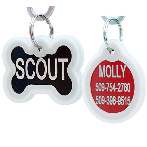 Product Cover GoTags Personalized Pet ID Tags for Dogs and Cats, Includes Glow in The Dark Silencer to Protect Tag and Engraving, No Noise, Quiet Tags, Front and Backside Engraving, Anodized Aluminum, (Bone Shape)