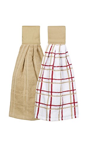 Product Cover Ritz Kitchen Wears 100% Cotton Checked & Solid Hanging Tie Towels, 2 Pack, Biscotti, 2 Piece