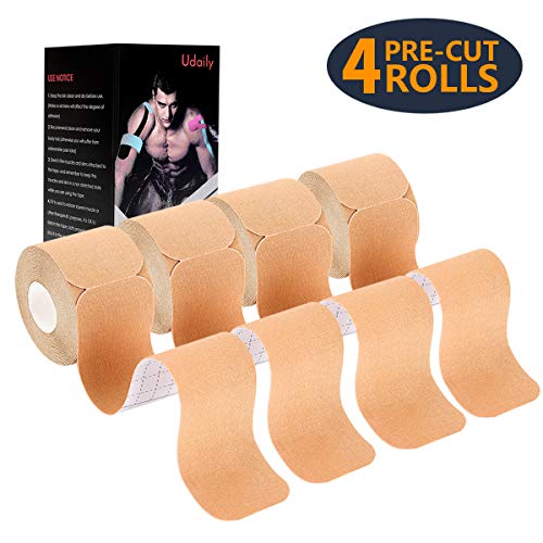Product Cover Udaily Kinesiology Tape Precut (4 Rolls Pack), Elastic Therapeutic Sports Tape for Knee Shoulder and Elbow, Breathable, Water Resistant, Latex Free, Beige
