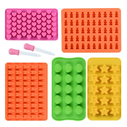 Product Cover Chocolate Molds Gummy Molds Silicone - Candy Mold and Silicone Ice Cube Tray Nonstick Including Hearts, Stars, Shells & Bears Set of 5 Food Grade Silicone Molds with 2 Droppers