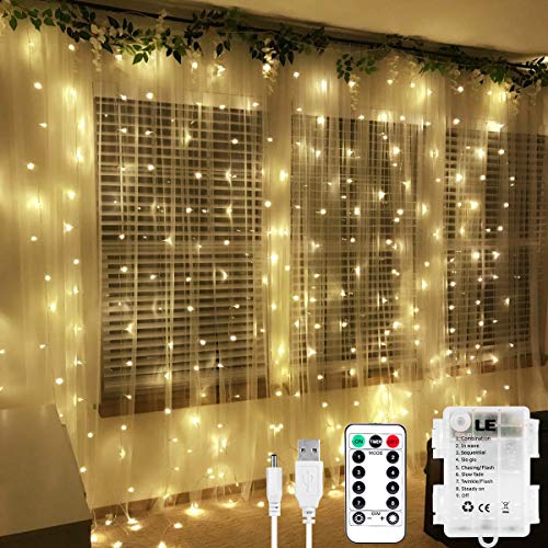 Product Cover LE Fairy Curtain Lights Battery or USB Plug in, 9.8 x 9.8 ft Curtain of String Lights with Remote, 300 LED Indoor Outdoor Decorative Christmas Twinkle Lights for Bedroom, Patio, Party Wedding Backdrop