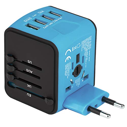 Product Cover Castries Universal Travel Adapter, All-in-one Worldwide Travel Charger Travel Socket, International Power Adapter with 4 USB Ports, AC Plug for US EU UK AU & Asian Countries, Blue