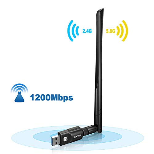 Product Cover Inamax USB WiFi Adapter 1200Mbps, USB 3.0 Wireless Network WiFi Dongle with 5dBi Antenna for PC/Desktop/Laptop/Mac, Dual Band 2.4G/5G 802.11ac,Support Windows 10/8/8.1/7/Vista/XP, Mac10.5-10.15