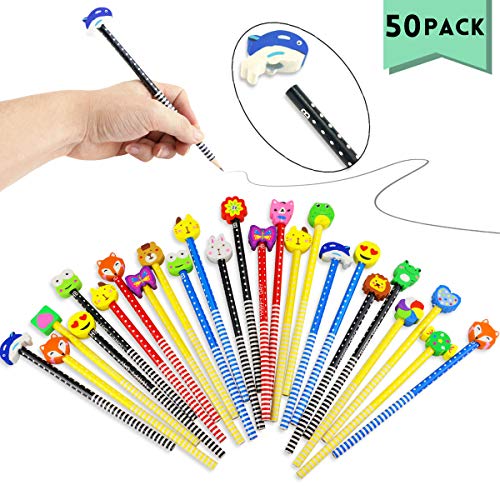 Product Cover Etmact 50 Pack Assorted Colorful Cartoon Animal Pencil With Eraser Novelty Dot & Stripe Giant Eraser Topper Kids Pencils