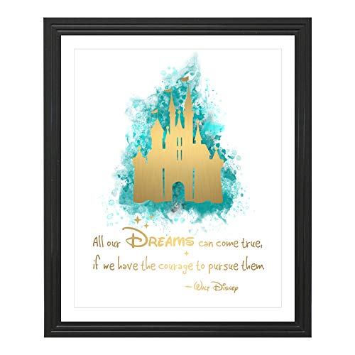 Product Cover Eleville 8X10 All our dreams can come true Real Gold Foil Castle Watercolor Art Print (Unframed) Quotes Home Decor kids wall art Motivational Poster Holiday Gifts WG114
