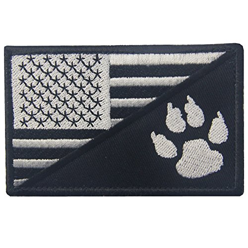 Product Cover Tactical US Flag with Tracker Paw Patriot Milltary Embroidered Applique Morale Hook & Loop Patch - White & Black