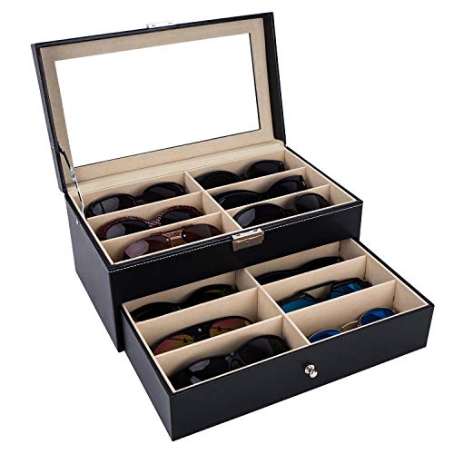 Product Cover AUTOARK Leather 12 Piece Eyeglasses Storage and Sunglass Glasses Display Drawer Lockable Case Organizer,Black,AW-023